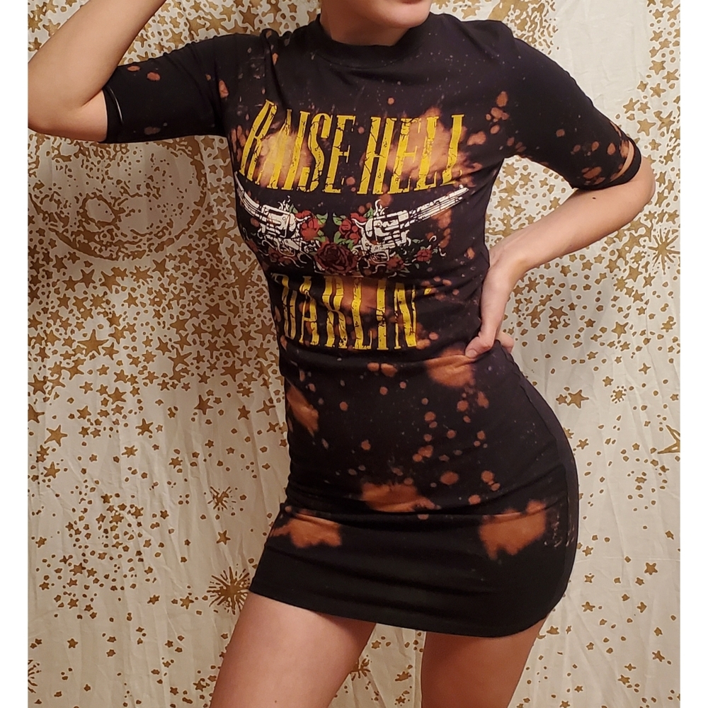 Graphic Bleach-Effect Black Mini Dress with Yellow Print